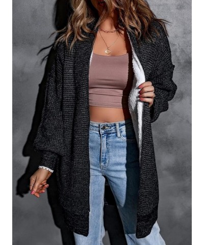 Womens Fleece Lined Open Front Cardigan Long Sleeve Oversized Plaid Chunky Knit Sweaters Coat Black $24.94 Sweaters