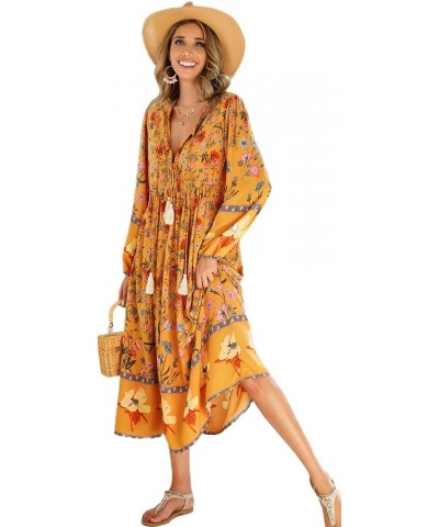 Women's Long Sleeve Floral Print Retro V Neck Tassel Bohemian Midi Dresses Goldenrod $16.38 Dresses