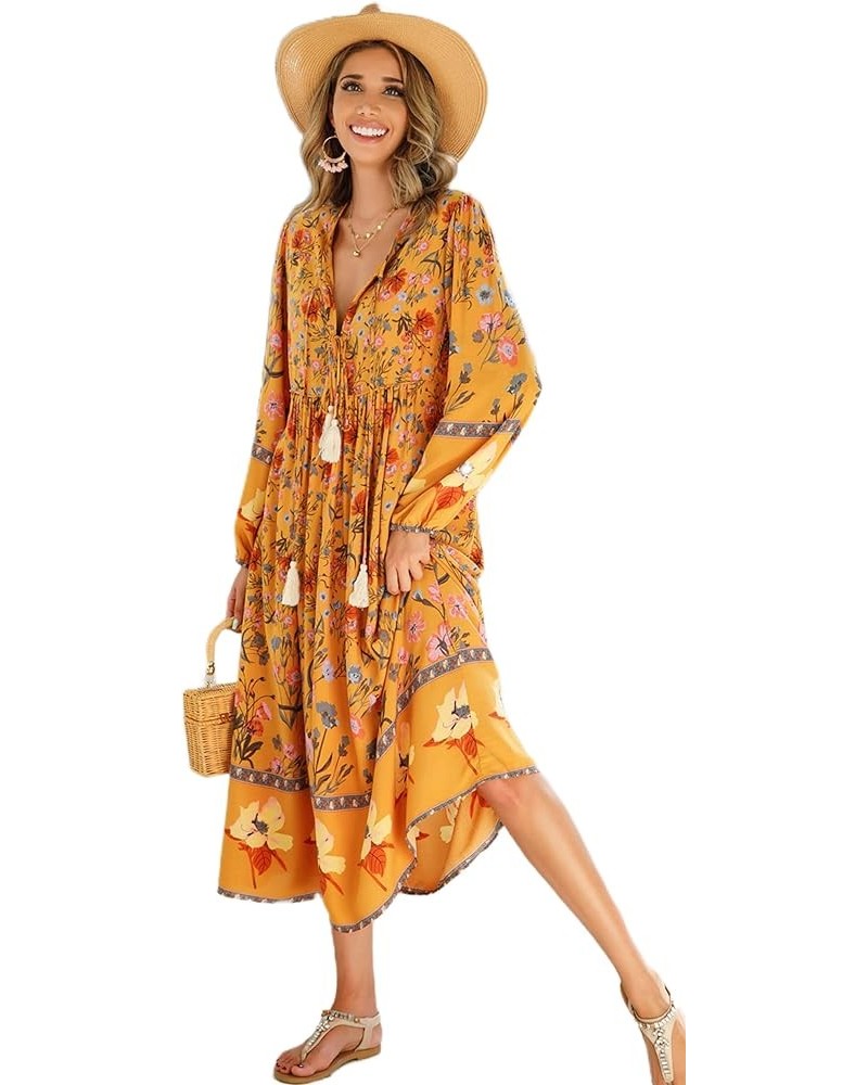 Women's Long Sleeve Floral Print Retro V Neck Tassel Bohemian Midi Dresses Goldenrod $16.38 Dresses