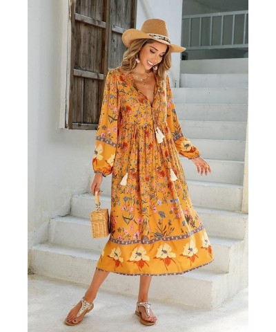 Women's Long Sleeve Floral Print Retro V Neck Tassel Bohemian Midi Dresses Goldenrod $16.38 Dresses