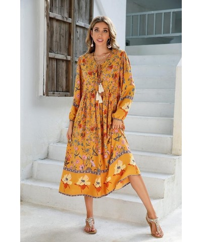 Women's Long Sleeve Floral Print Retro V Neck Tassel Bohemian Midi Dresses Goldenrod $16.38 Dresses