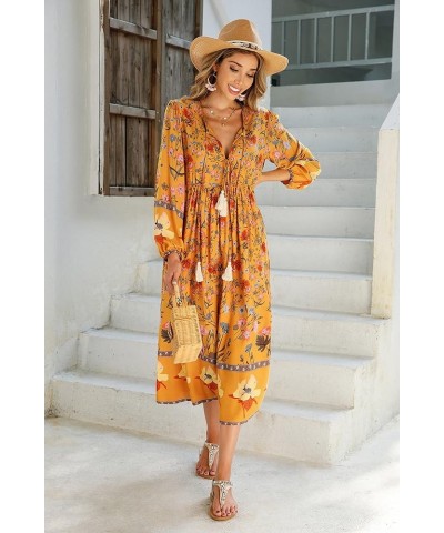 Women's Long Sleeve Floral Print Retro V Neck Tassel Bohemian Midi Dresses Goldenrod $16.38 Dresses