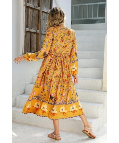 Women's Long Sleeve Floral Print Retro V Neck Tassel Bohemian Midi Dresses Goldenrod $16.38 Dresses