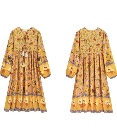 Women's Long Sleeve Floral Print Retro V Neck Tassel Bohemian Midi Dresses Goldenrod $16.38 Dresses