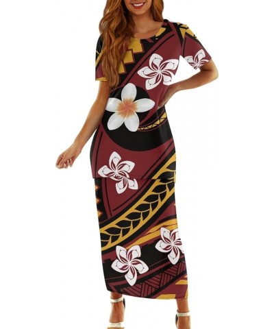 Women's Traditional Polynesian Puletasi Samoa Dress Short Sleeve Top Dress 2 Piece Set White Polynesian Plumeria $23.84 Dresses