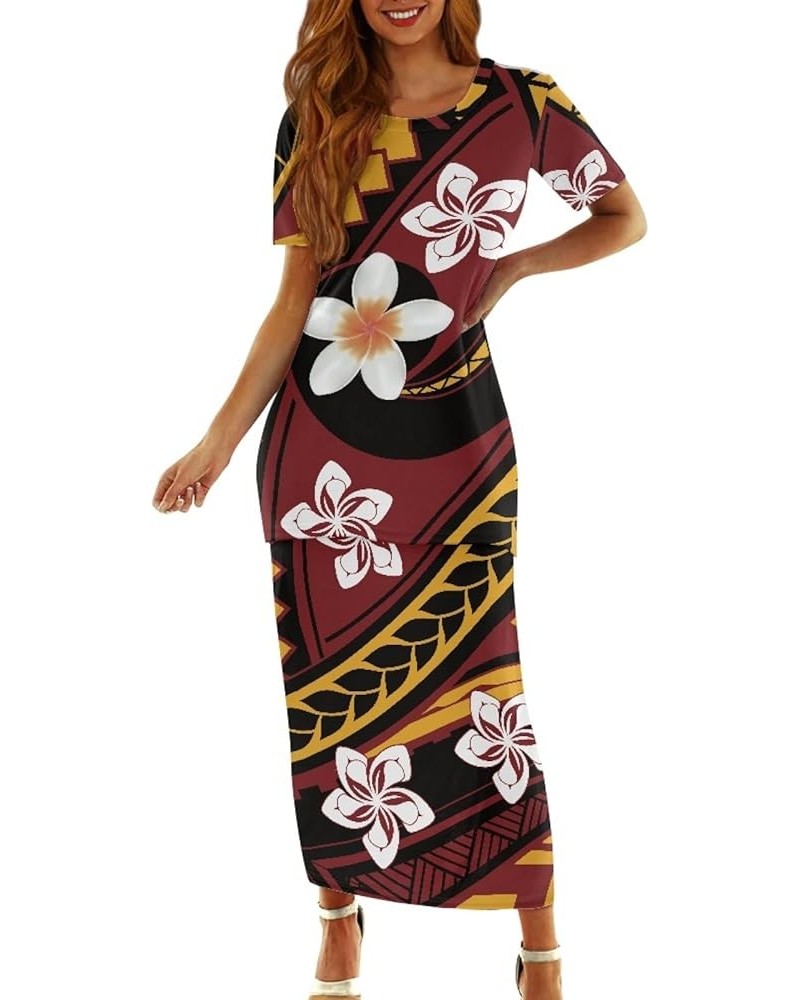 Women's Traditional Polynesian Puletasi Samoa Dress Short Sleeve Top Dress 2 Piece Set White Polynesian Plumeria $23.84 Dresses