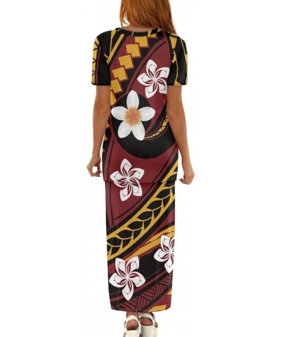 Women's Traditional Polynesian Puletasi Samoa Dress Short Sleeve Top Dress 2 Piece Set White Polynesian Plumeria $23.84 Dresses