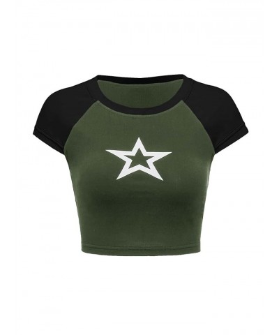 Women's Star Print Color Block Crop Tee Top Slim Fit Short Sleeve T Shirt Black and White XS X-Small Army Green $12.41 T-Shirts