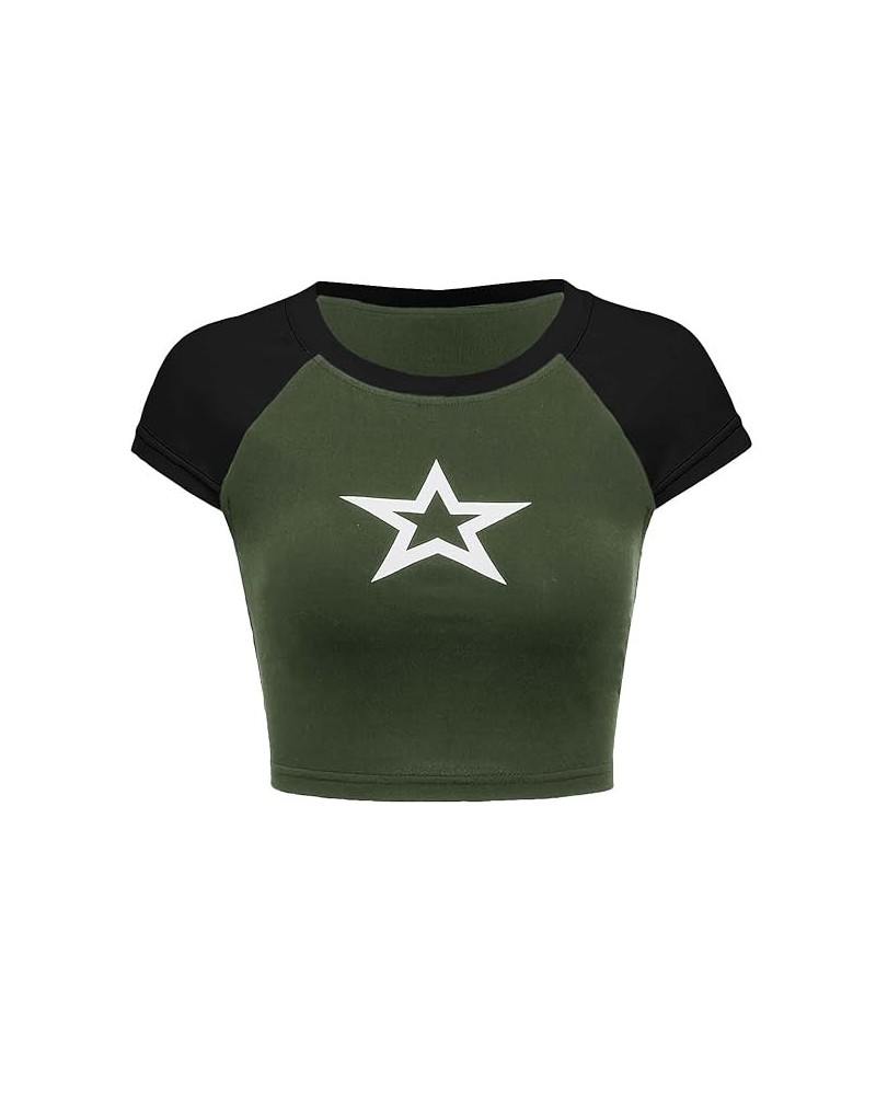 Women's Star Print Color Block Crop Tee Top Slim Fit Short Sleeve T Shirt Black and White XS X-Small Army Green $12.41 T-Shirts