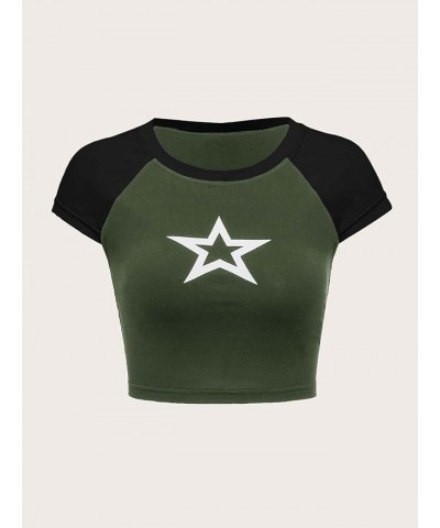 Women's Star Print Color Block Crop Tee Top Slim Fit Short Sleeve T Shirt Black and White XS X-Small Army Green $12.41 T-Shirts