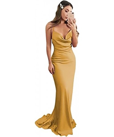 Spaghetti Straps Silk Satin Bridesmaid Dresses Cowl Neck Mermaid Prom Dress Long Formal Wedding Dress Gold $33.88 Dresses