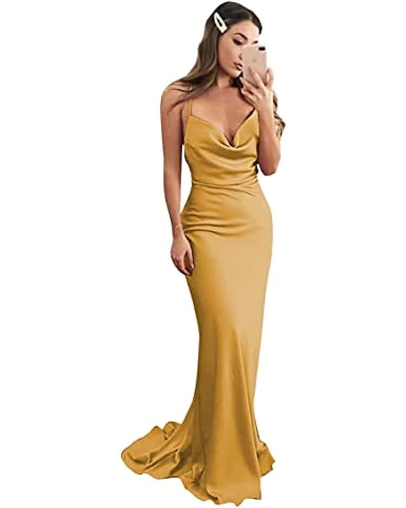 Spaghetti Straps Silk Satin Bridesmaid Dresses Cowl Neck Mermaid Prom Dress Long Formal Wedding Dress Gold $33.88 Dresses