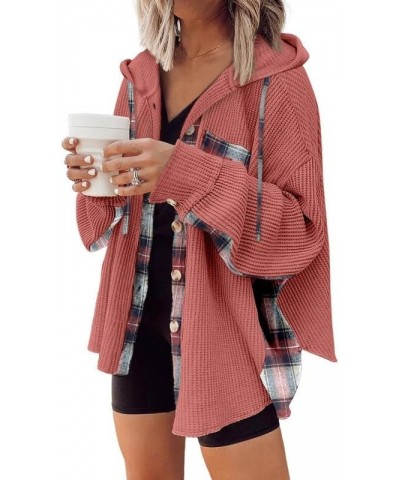 Womens Waffle Knit Plaid Shacket Boyfriend Button Down Shirt Hooded Jacket Loose Long Sleeve Tops B Red $19.74 Blouses