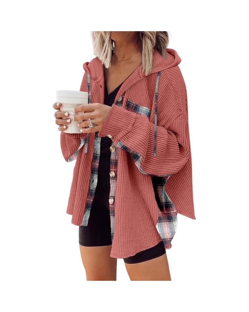 Womens Waffle Knit Plaid Shacket Boyfriend Button Down Shirt Hooded Jacket Loose Long Sleeve Tops B Red $19.74 Blouses