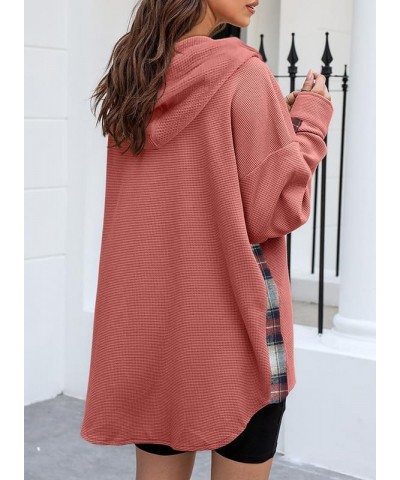 Womens Waffle Knit Plaid Shacket Boyfriend Button Down Shirt Hooded Jacket Loose Long Sleeve Tops B Red $19.74 Blouses