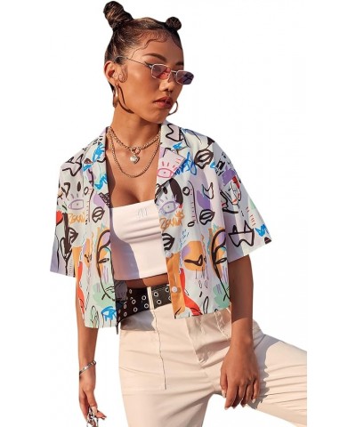 Women's Figure Print Button Down Shirt Graphic Pattern Short Sleeve Crop Tops Casual Blouses Doodle Multicoloured $11.79 Blouses