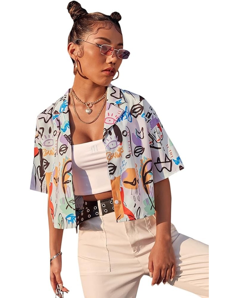 Women's Figure Print Button Down Shirt Graphic Pattern Short Sleeve Crop Tops Casual Blouses Doodle Multicoloured $11.79 Blouses