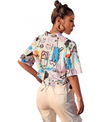 Women's Figure Print Button Down Shirt Graphic Pattern Short Sleeve Crop Tops Casual Blouses Doodle Multicoloured $11.79 Blouses