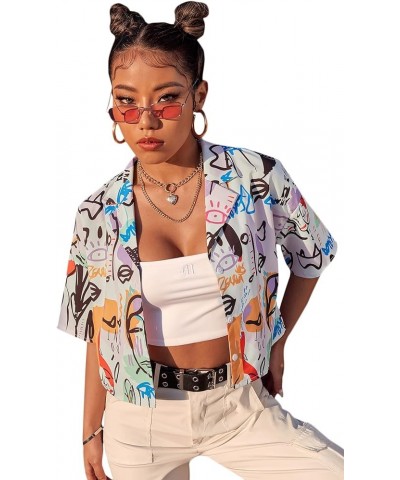 Women's Figure Print Button Down Shirt Graphic Pattern Short Sleeve Crop Tops Casual Blouses Doodle Multicoloured $11.79 Blouses