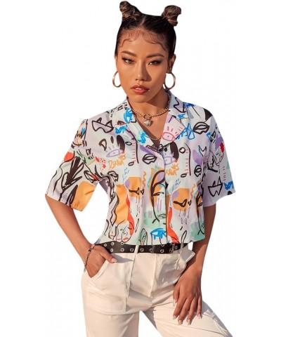 Women's Figure Print Button Down Shirt Graphic Pattern Short Sleeve Crop Tops Casual Blouses Doodle Multicoloured $11.79 Blouses