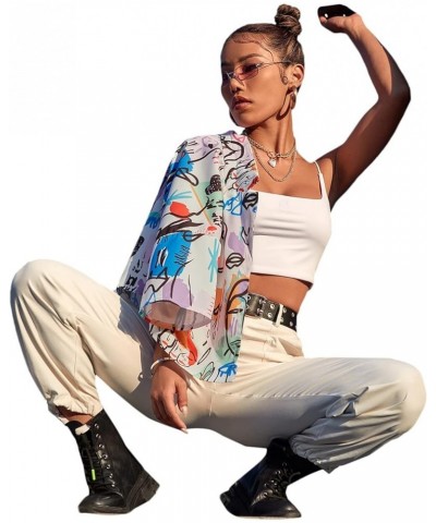 Women's Figure Print Button Down Shirt Graphic Pattern Short Sleeve Crop Tops Casual Blouses Doodle Multicoloured $11.79 Blouses