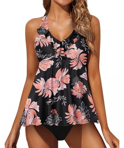 Two Piece Tankini Swimsuits for Women Tummy Control Bathing Suits Ruffle V Neck Swimwear with Shorts Orange Floral $17.83 Swi...
