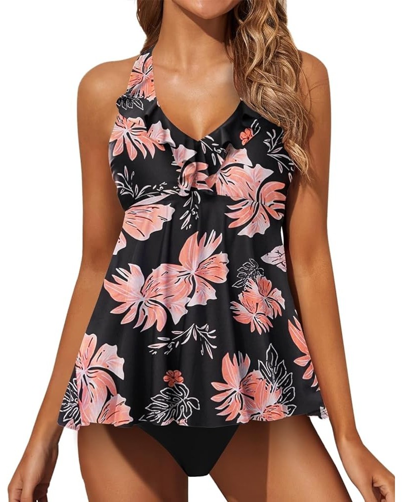 Two Piece Tankini Swimsuits for Women Tummy Control Bathing Suits Ruffle V Neck Swimwear with Shorts Orange Floral $17.83 Swi...