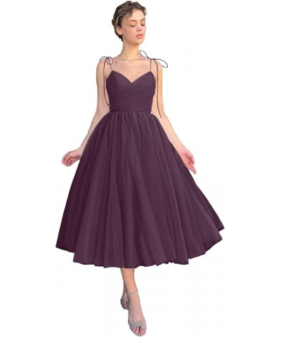 2024 Tea Length Tulle Prom Dress Spaghetti Strap V-Neck Formal Evening Party Gowns with Pocket Grape $28.79 Dresses
