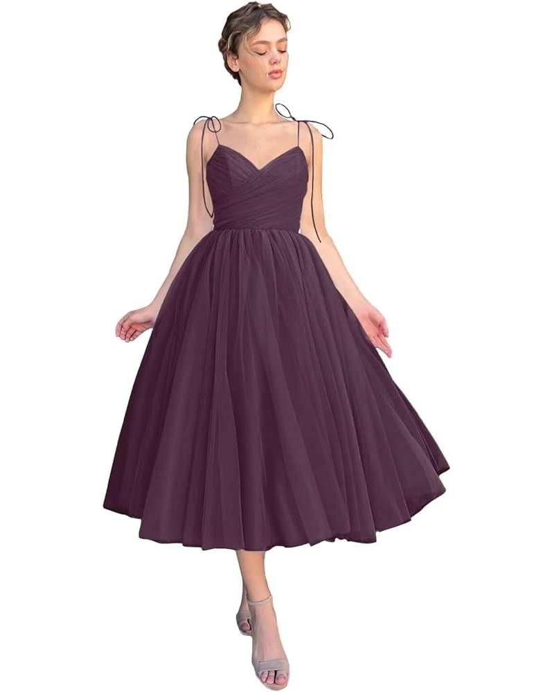 2024 Tea Length Tulle Prom Dress Spaghetti Strap V-Neck Formal Evening Party Gowns with Pocket Grape $28.79 Dresses