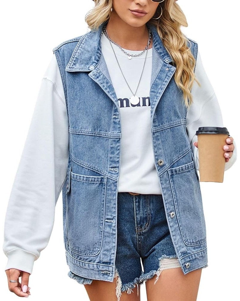 Women’s Vintage Denim Jean Vest Oversized Button Down Jean Waistcoat Gilet 05 Blue $20.09 Vests