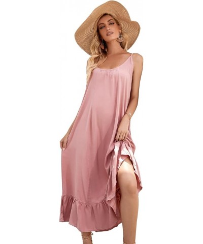 Women's V Neck Floral Maxi Dress Boho Printed Adjustable Spaghetti Strap Ethnic Beach Long Dress with Pockets Light Pink Dres...