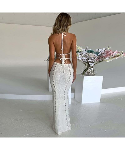 Women Strappy Halter Maxi Dress Tie Up Backless Bodycon Tube Long Dress Elegant Hollow Criss Cross Sundress White-1 $10.79 Dr...