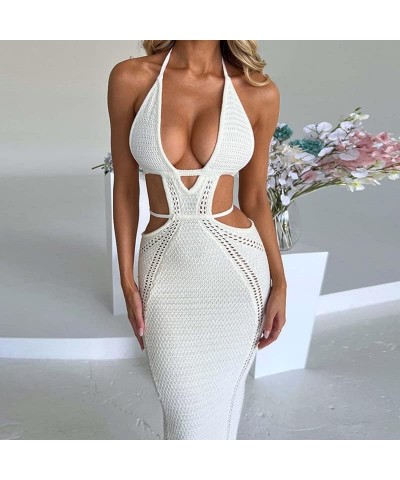 Women Strappy Halter Maxi Dress Tie Up Backless Bodycon Tube Long Dress Elegant Hollow Criss Cross Sundress White-1 $10.79 Dr...