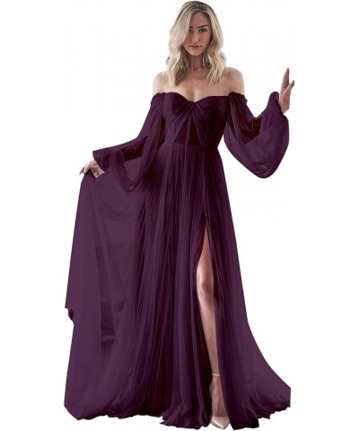 Strapless Prom Dress Long Bell Sleeve Sheer Corset Top A Line Tulle Wedding Dresses for Bride Evening Gowns Plum $32.40 Dresses