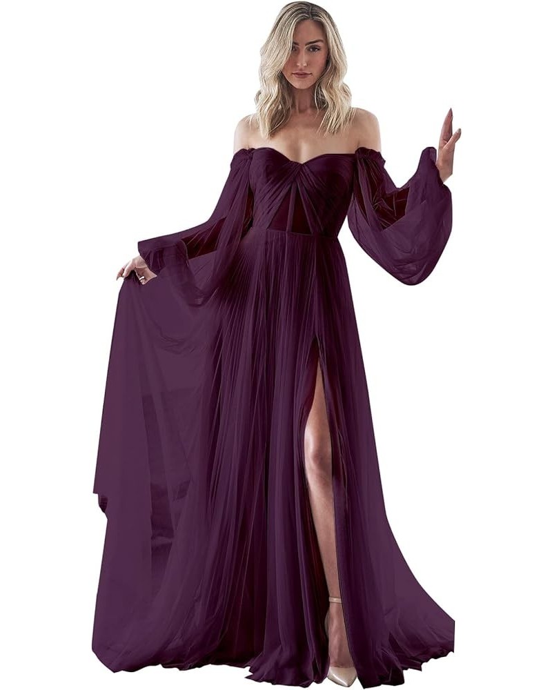 Strapless Prom Dress Long Bell Sleeve Sheer Corset Top A Line Tulle Wedding Dresses for Bride Evening Gowns Plum $32.40 Dresses