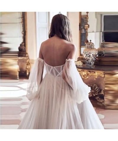 Strapless Prom Dress Long Bell Sleeve Sheer Corset Top A Line Tulle Wedding Dresses for Bride Evening Gowns Plum $32.40 Dresses