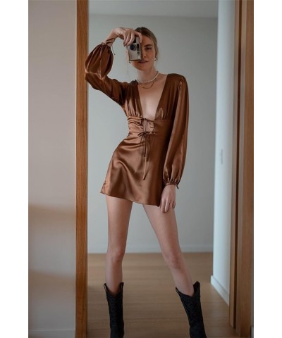 Women Sexy Satin Mini Dress Long Sleeve Deep V-Neck Cutout Dress Y2k Bodycon Mini Dress Party Streetwear Brown $11.79 Dresses