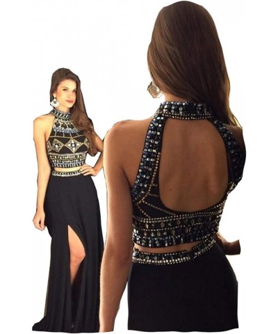 Women's Crystal Beaded Prom Dresses 2024 Long Chiffon Long Evening Gowns Formal Black 1 $32.70 Dresses