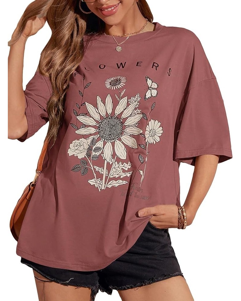 Women's Graphic Oversized Tees Letter Print Summer Tops Vintage Half Sleeve Loose Casual T Shirts Redwood Floral $13.77 T-Shirts