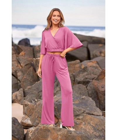 2 Piece Outfits For Women 2024 Summer Short Sleeve Wrap V Neck Crop Tops Wide Leg Pants Set Pink $23.45 Activewear
