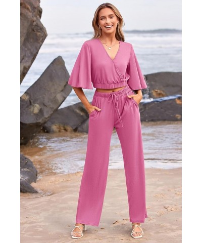 2 Piece Outfits For Women 2024 Summer Short Sleeve Wrap V Neck Crop Tops Wide Leg Pants Set Pink $23.45 Activewear