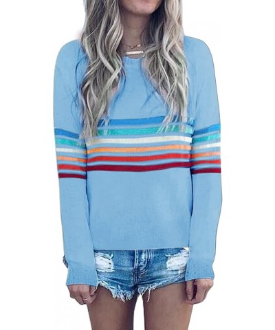 Women's Sweater Rainbow Colorful Striped Sweaters Long Sleeve Crew Neck Color Block Casual Pullover Blouse Tops 01 Light Blue...