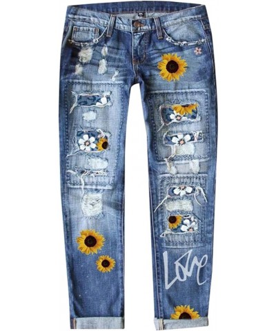Women Valentine's Day Jeans Love Printed Holes Casual Denim Pants Stretchy Denim Pants Fold Hem Cropped Baggy Zc0226-2-blue $...