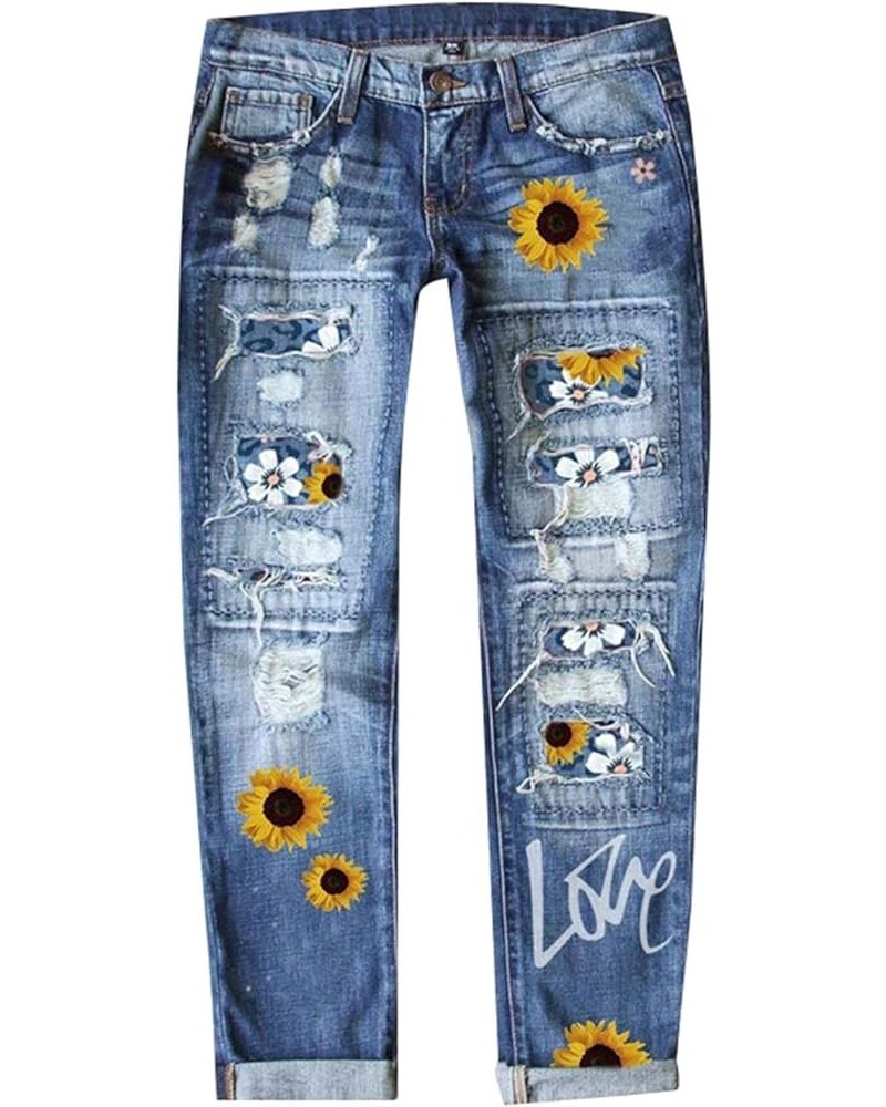 Women Valentine's Day Jeans Love Printed Holes Casual Denim Pants Stretchy Denim Pants Fold Hem Cropped Baggy Zc0226-2-blue $...