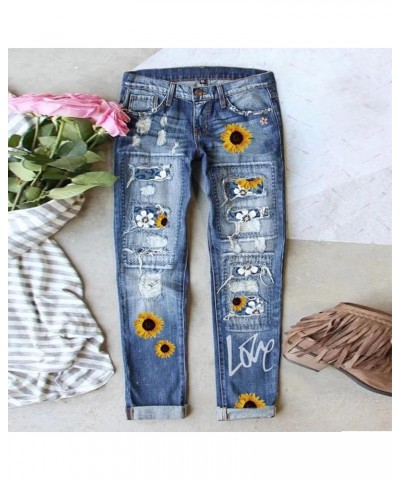 Women Valentine's Day Jeans Love Printed Holes Casual Denim Pants Stretchy Denim Pants Fold Hem Cropped Baggy Zc0226-2-blue $...