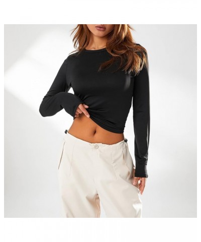 Y2K Going Out Crop Tops for Women Long Sleeve Crewneck Solid Color Slim Fit Basic Tight Tee Shirt Streetwear Black $9.00 Tops