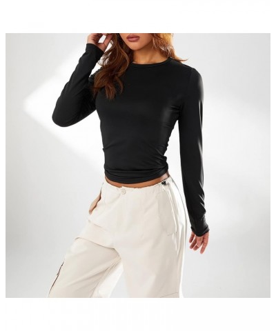 Y2K Going Out Crop Tops for Women Long Sleeve Crewneck Solid Color Slim Fit Basic Tight Tee Shirt Streetwear Black $9.00 Tops