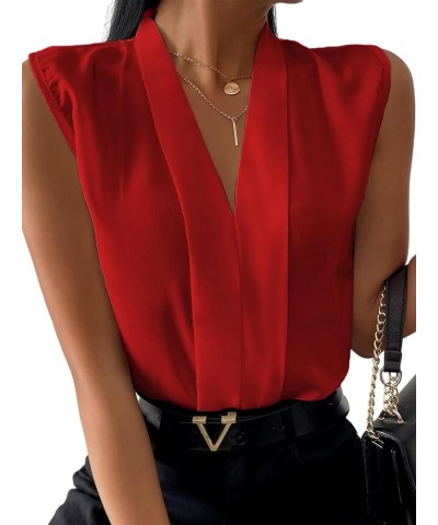 Women's Elegant V Neck Pleated Sleeveless Blouse Chiffon Work Shirt Tank Top Solid Red $13.34 Tanks