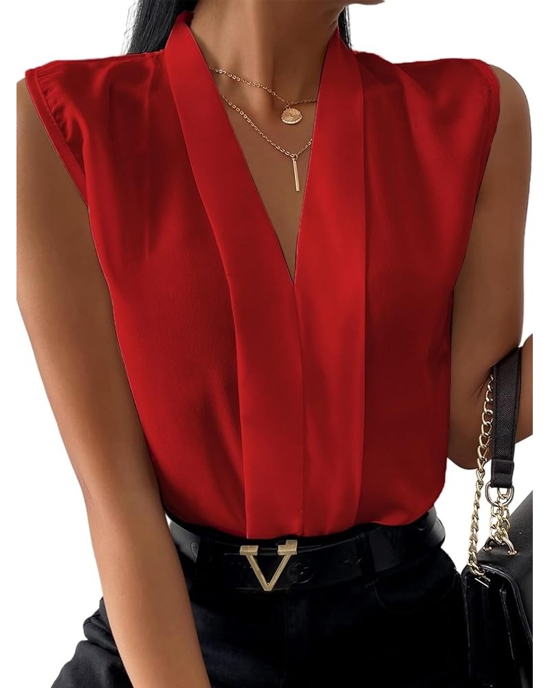 Women's Elegant V Neck Pleated Sleeveless Blouse Chiffon Work Shirt Tank Top Solid Red $13.34 Tanks