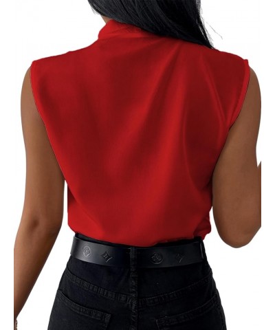 Women's Elegant V Neck Pleated Sleeveless Blouse Chiffon Work Shirt Tank Top Solid Red $13.34 Tanks